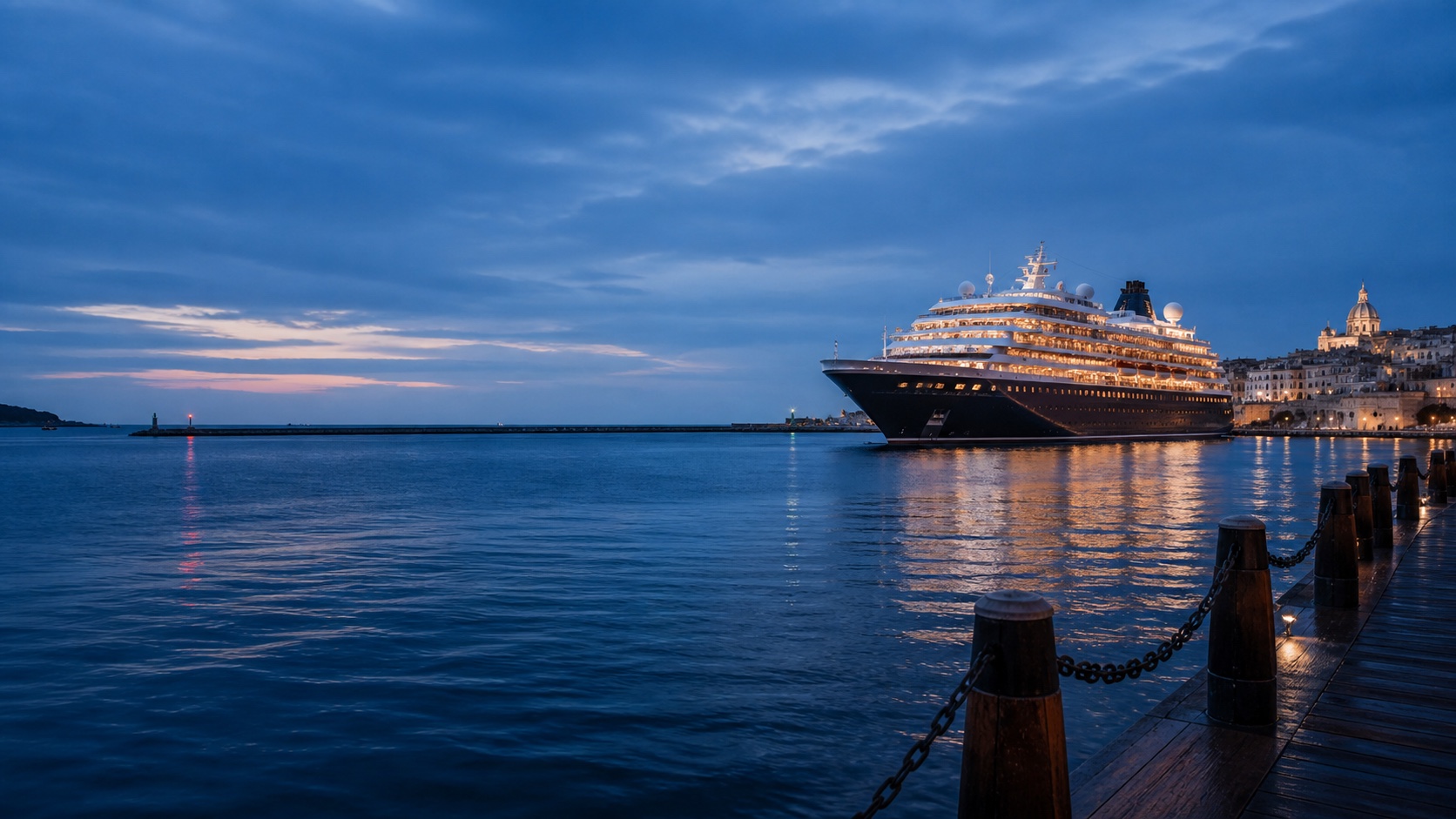 An elegant cruise ship leaving a historic marina across calm blue-hour water
